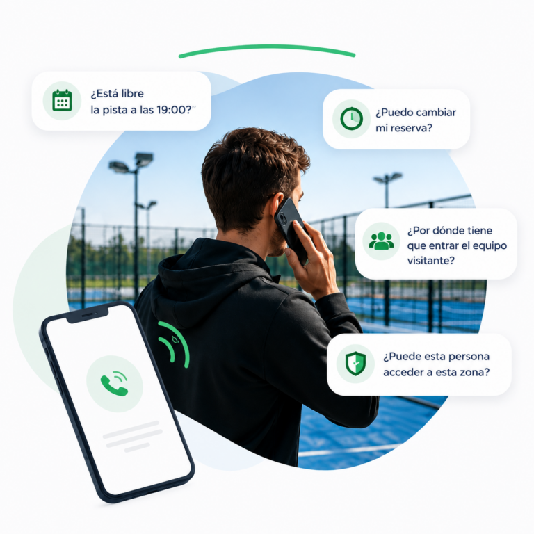 Jugador de pádel llamando por teléfono para reservar pista, cambiar horario y consultar accesos del club
