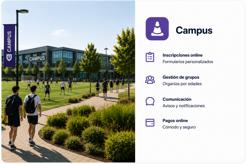 Gestión de campus deportivo con inscripciones online, grupos por edades y pagos para escuelas y academias