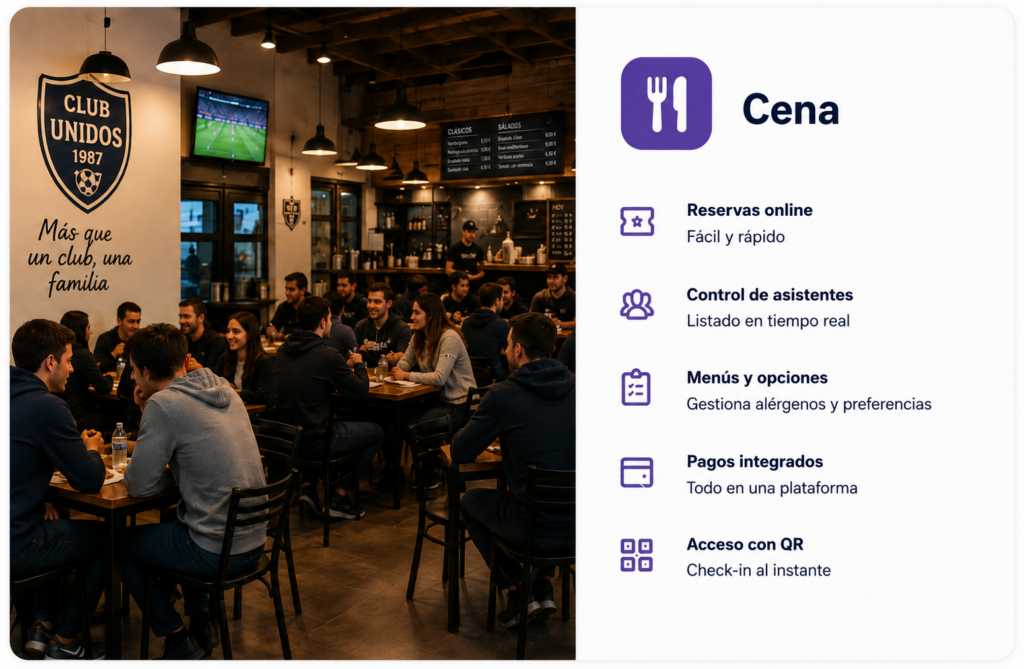 Reserva de cena de club deportivo con control de asistentes, menús y pagos integrados