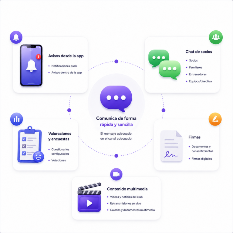 Herramientas de comunicación con socios en Bikubo One: avisos, chat, encuestas, firmas y contenido multimedia